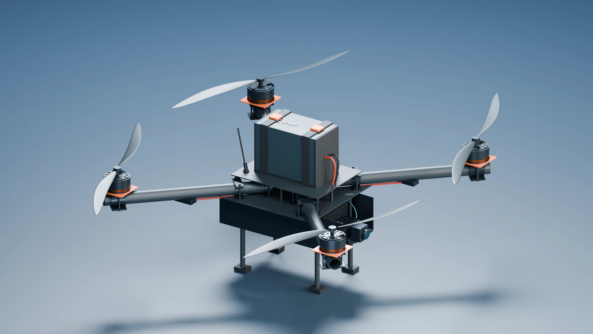 CAD-derived development render of Neso, an open-frame quadcopter with four motors, a top-mounted battery and forward camera. The source model carries its Scout design label.